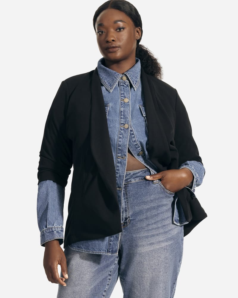Front of a model wearing a size 1X Danica Denim Chore Jacket in Dark Wash by Meri Skye. | dia_product_style_image_id:229154